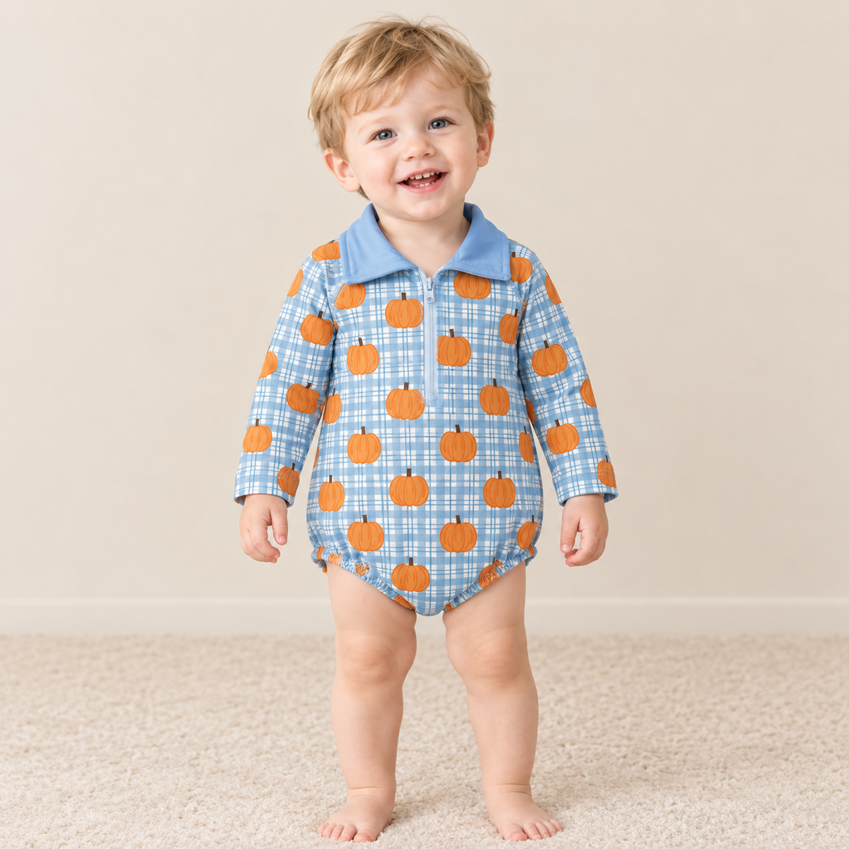 NEW RTS NO MOQ milk silk LR3201 Baby Boys Blue Checked Pumpkins Fall Zip Long Sleeve Rompers