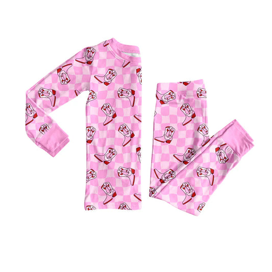 8.12Preorder(moq 5) Baby Girls Western Pink Checkered Boots Top Pants Lounge Wear Pajamas Sets