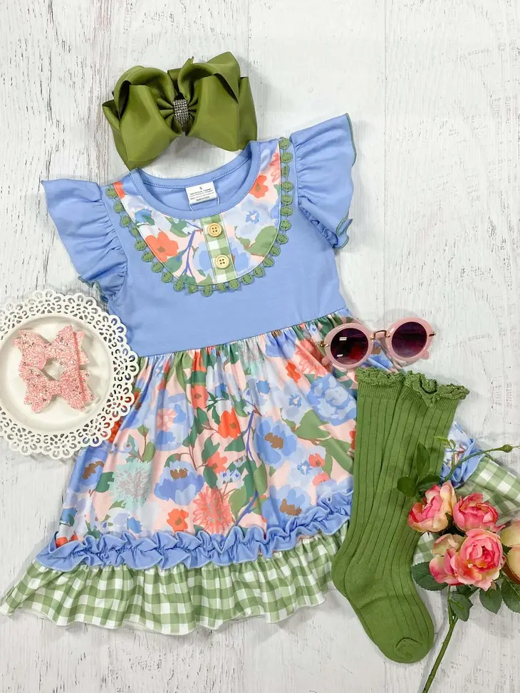 GSD1072 floral green plaid lace flying sleeve dress