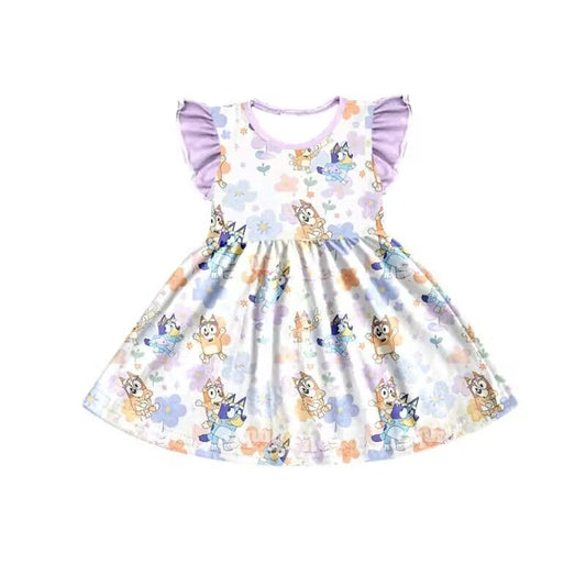 GSD1079bluey flower purple flying sleeve dress