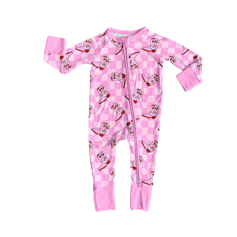 8.12Preorder(moq 5)Baby Infant Western Pink Checkered Boots Zipper Footie Rompers