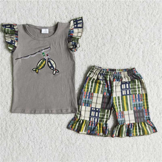 girls summer sets Embroidered fishing t-shirt & shorts outfits