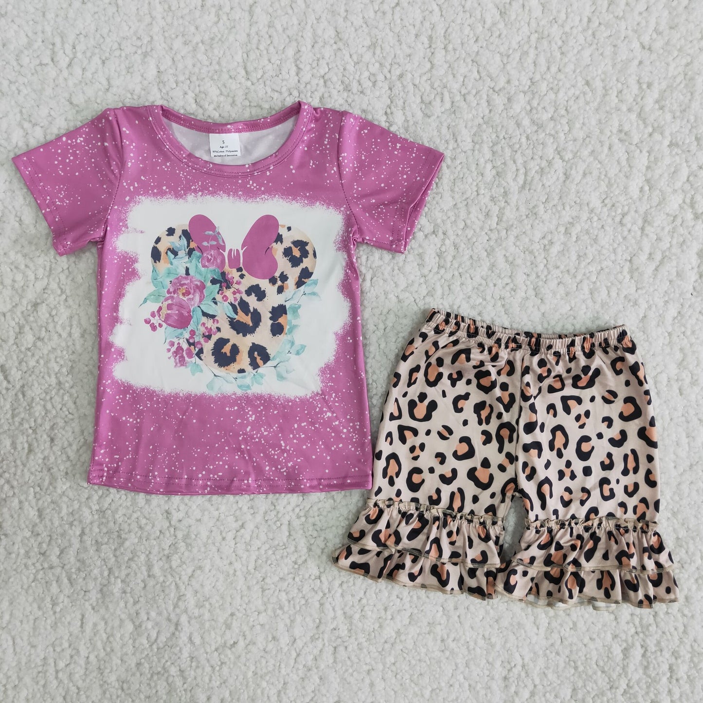 girls outfits cartoon mouse t-shirt & leoprad shorts sets summer kids clothes