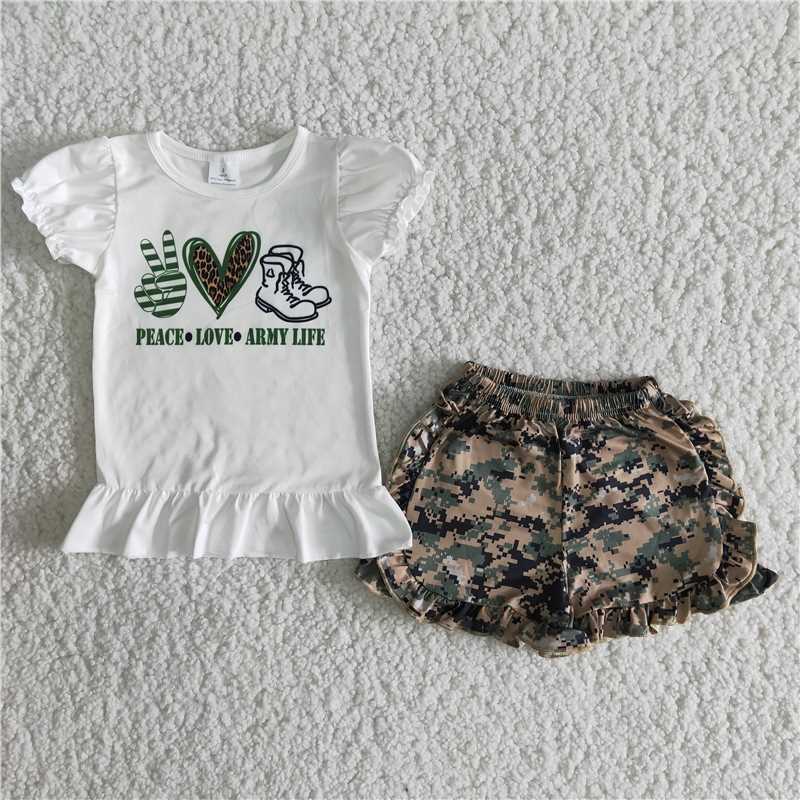 summer girls outfits peace love army life tops & camo shorts kids clothes