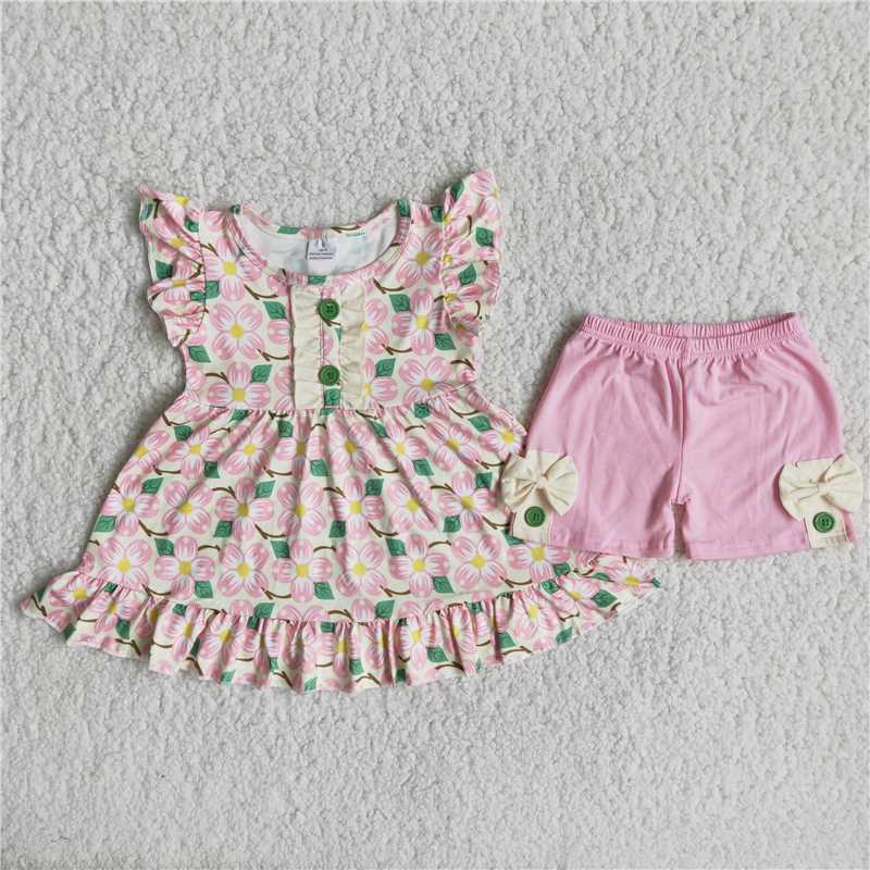 summer girls outfits flower tops & pink shorts kids clothes