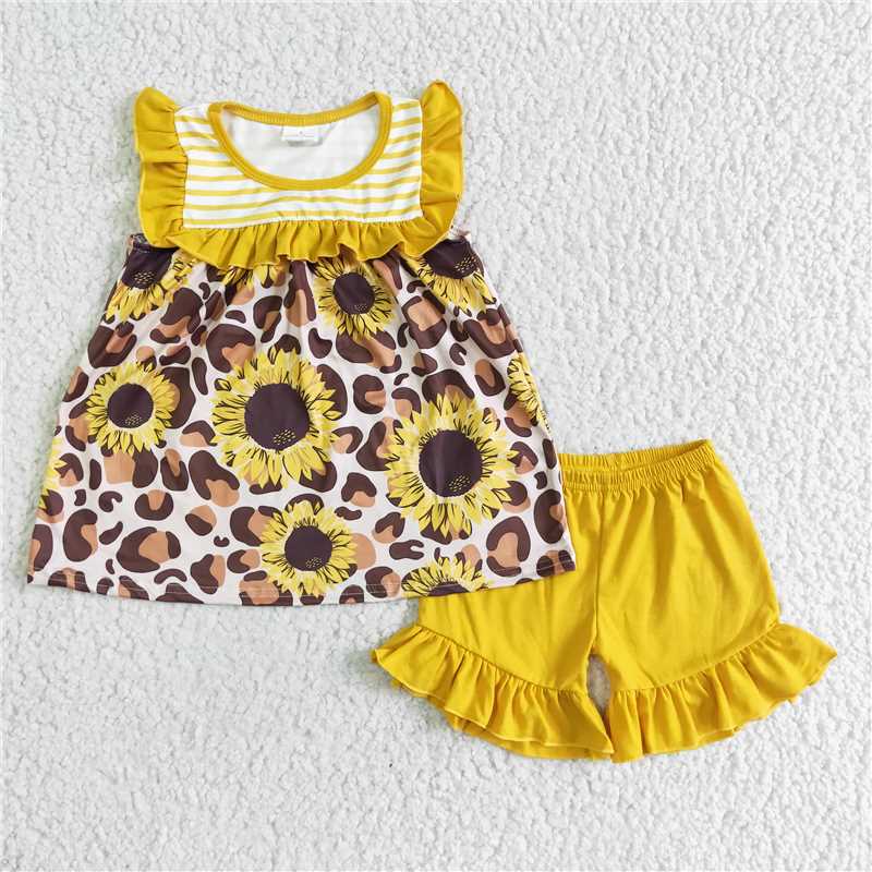 GSSO0069 Lace sleeveless sunflower leopard print yellow shorts set