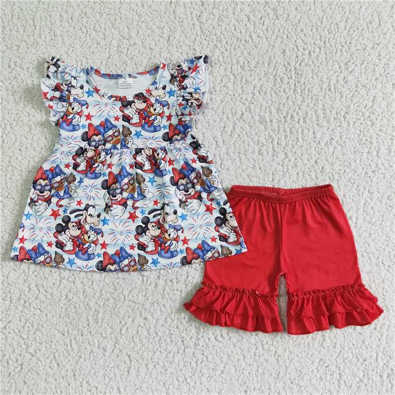 July 4th cartoon girls shorts sets summer kids clothes