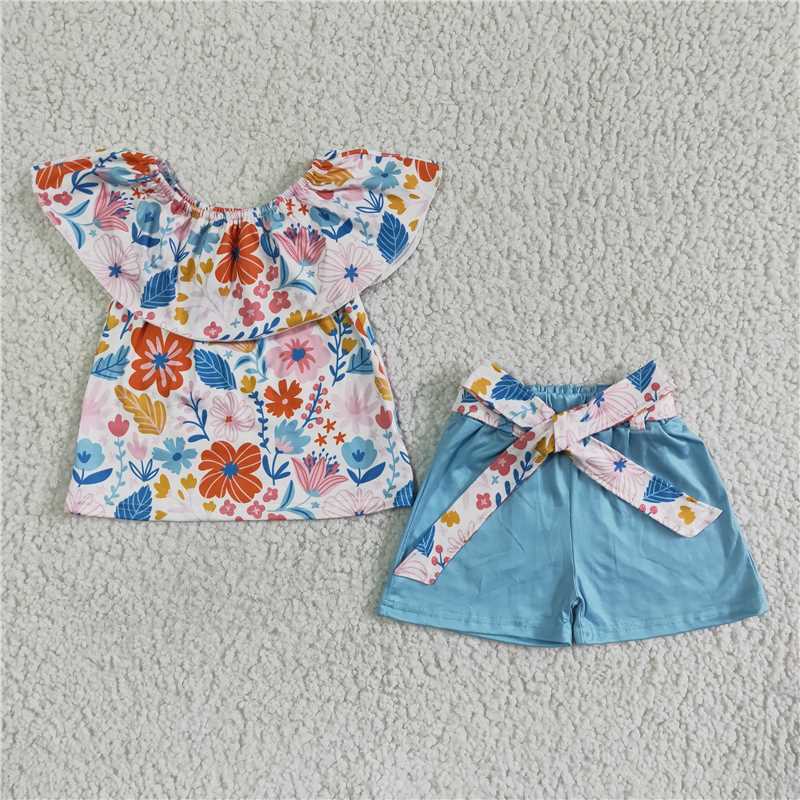 summer girls outfits floral tops & blue shorts kids clothes