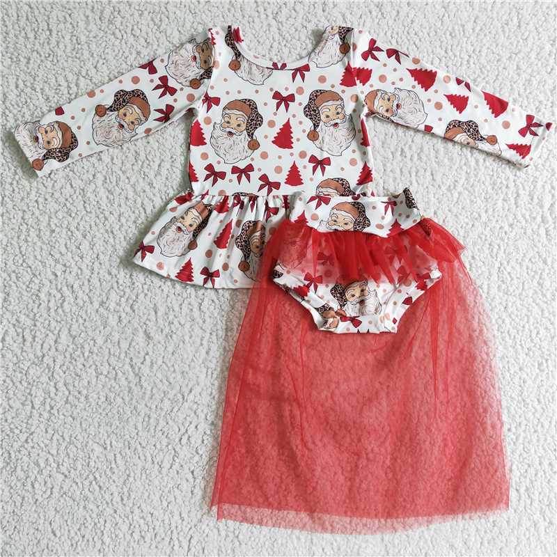 Christmas red mesh tutu girls outfits santa yarn bummies sets