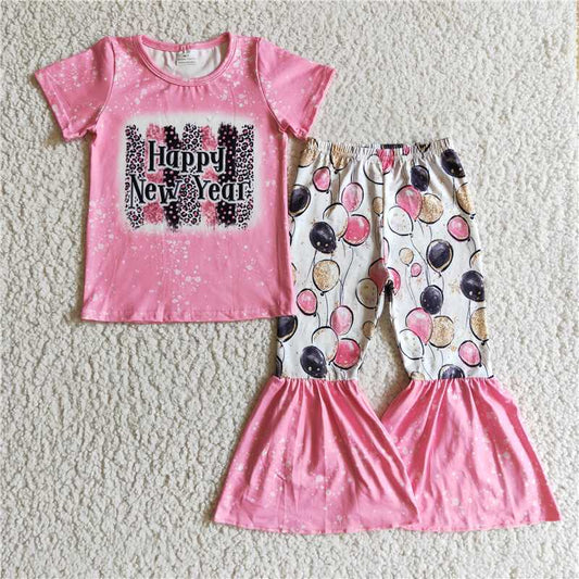 GSPO0204 Girls' Happy New Year pink short-sleeved trousers suit