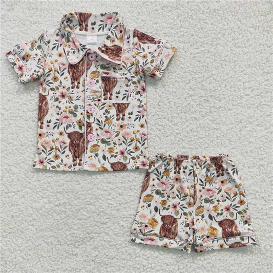 summer girls outfits highland cow shorts pajamas kids clothes