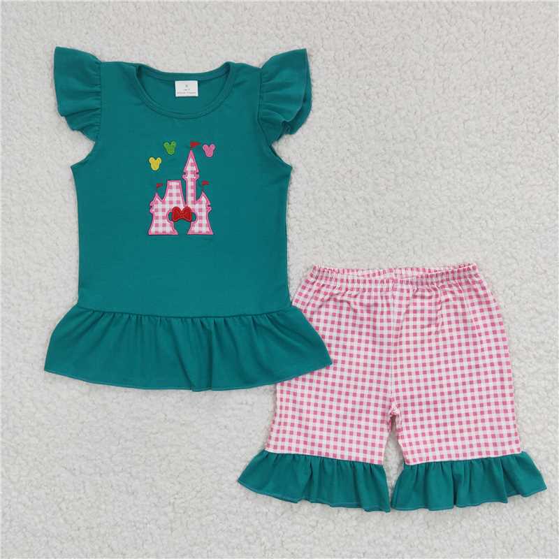 girls summer sets Embroidered castle t-shirt & shorts outfits