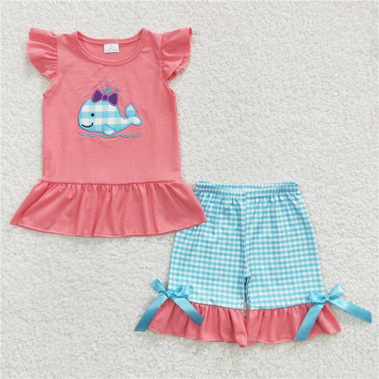 girls summer sets Embroidered whale t-shirt & shorts outfits