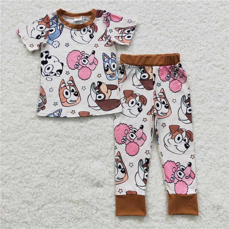 cartoon blue dogs boys outfits shirt & pants 2 pieces pajamas kids clothes