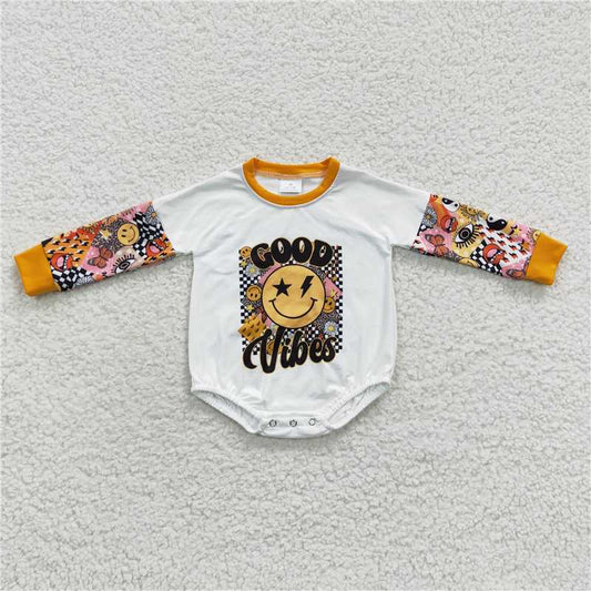 good vibes kids bubble long sleeve smiley face baby romper