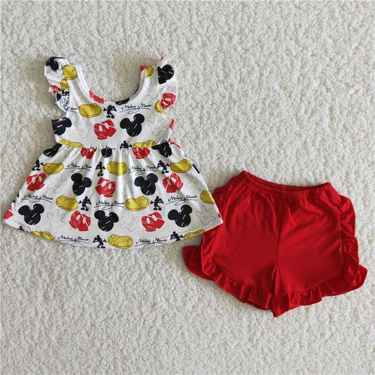 summer girls outfits cartoon mouse tops & red shorts kids clothes