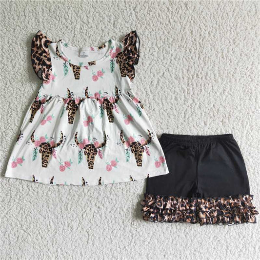 summer girls outfits cow tops & black leopard shorts kids clothes