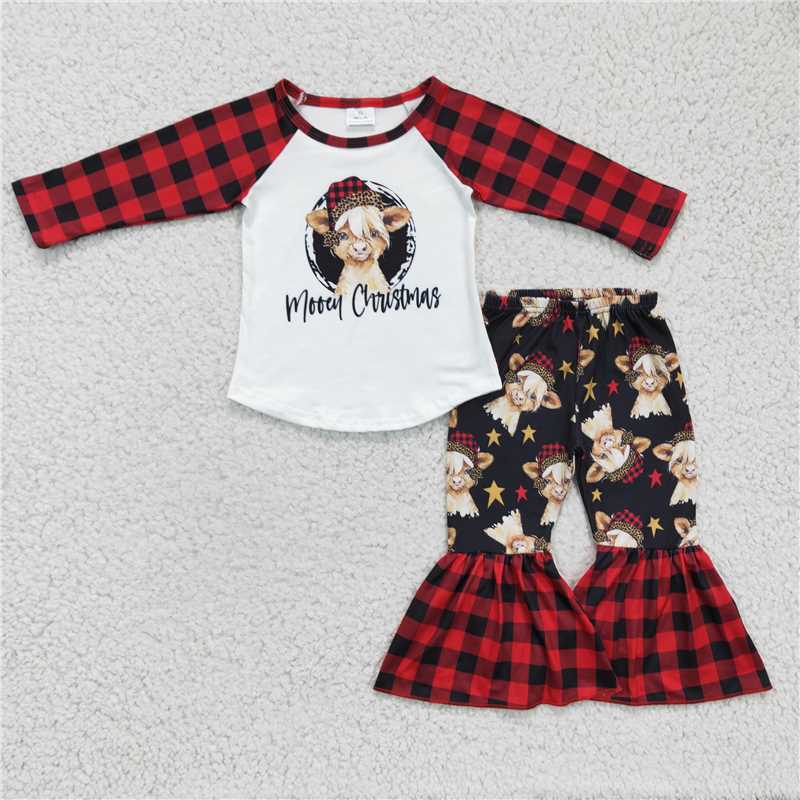 Christmas cow girls outfits shirt & bell 2 pieces winter sets