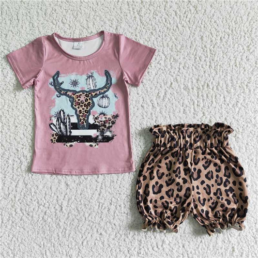 summer girls outfits cow t-shirt & leopard shorts kids clothes