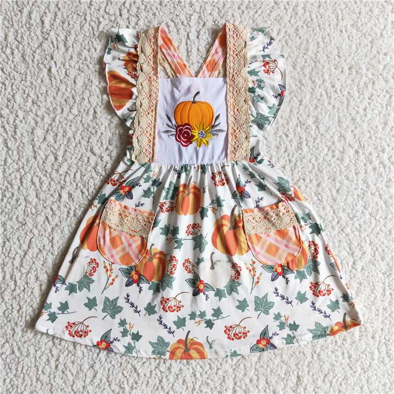 girls dress embroidery pumpkin skirt with pockets