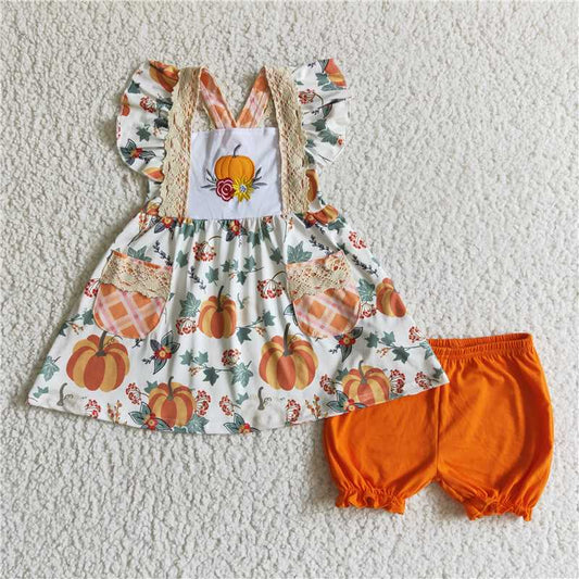 Embroidered lace pumpkin top with pockets & shorts girls outfits