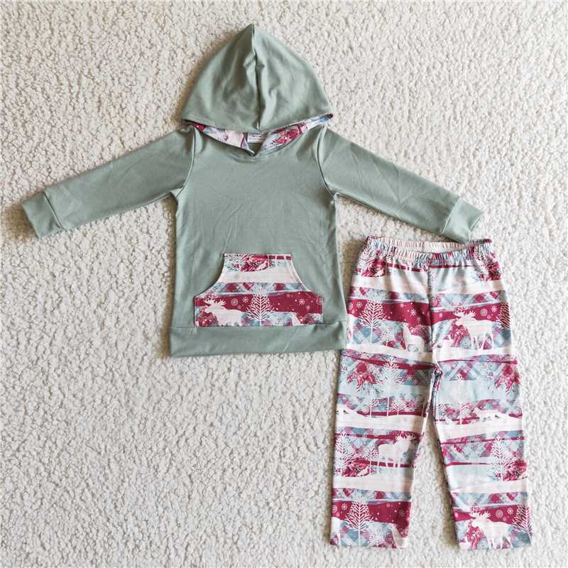 BLP0102 Boys Christmas deer pattern blue hooded long-sleeved trousers suit