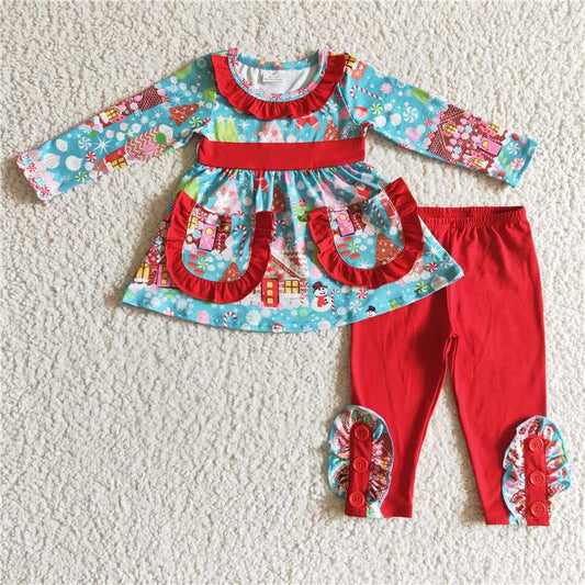 merry Christmas candy house girls outfits shirt & pants fall winter sets