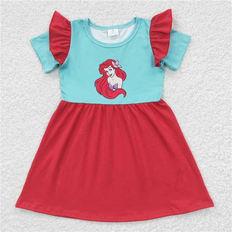 GSD0250 Girls Disney Princess Green Red Short Sleeve Dress