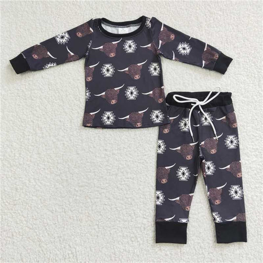 BLP0153 Boys' black long-sleeved trousers suit with geometric bull head pattern