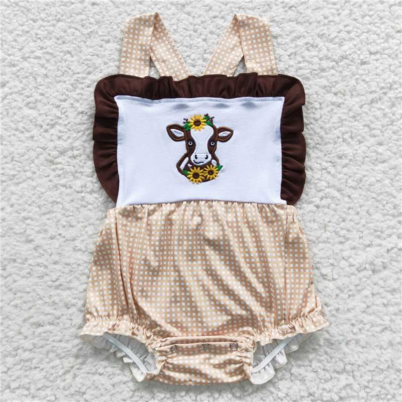 Siblings embroidery cow kids bubbles match dress and outfits baby rompers