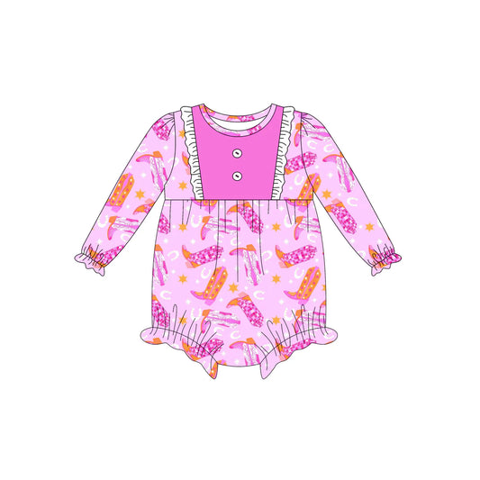 7.14Preorder (moq 5)Baby Girls Long Sleeves Pink Boots Stars Button Ruffle Romper