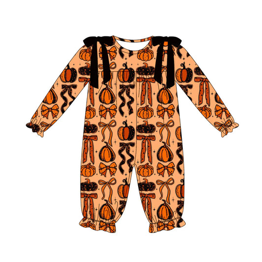 7.14Preorder (moq 5)Baby Girls Long Sleeves Pumpkins Bows Plaid Ruffle Pant Romper
