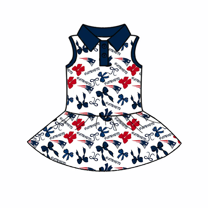 6.30Preorder (moq 5)Baby Girls Sleeveless Bows Plaid Patriots Button Team Knee Length Dresses