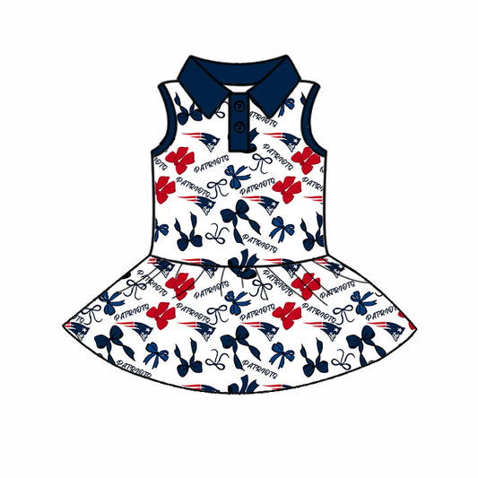 6.30Preorder (moq 5)Baby Girls Sleeveless Bows Plaid Patriots Button Team Knee Length Dresses