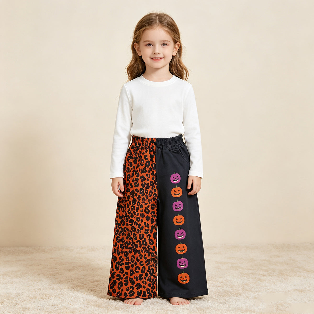 NEW RTS NO MOQ milk silk P1136 Baby Girls Ghost Pumpkins Leopard Halloween Pockets Flare Pants Bottom