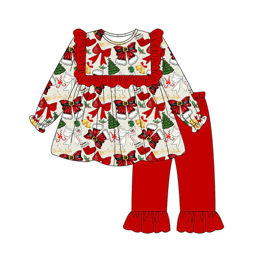 7.9Preorder (moq 5)Baby Girls Long Sleeves Red Bows Trees Tunic Ruffle Pant Clothes Set