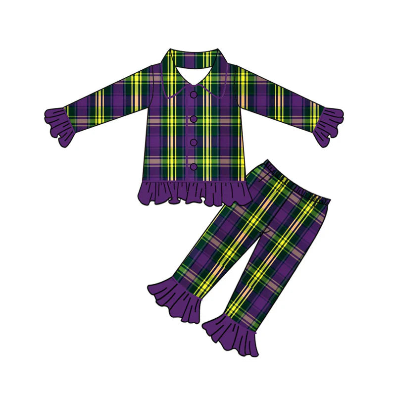 X922Preorder (moq 5)Baby Girls Purple Yellow Green Checked Button Ruffle Pants Mardigras Pajamas Sets