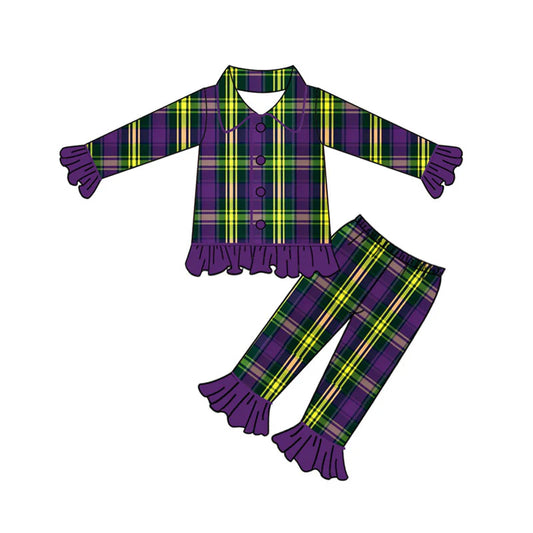X922Preorder (moq 5)Baby Girls Purple Yellow Green Checked Button Ruffle Pants Mardigras Pajamas Sets