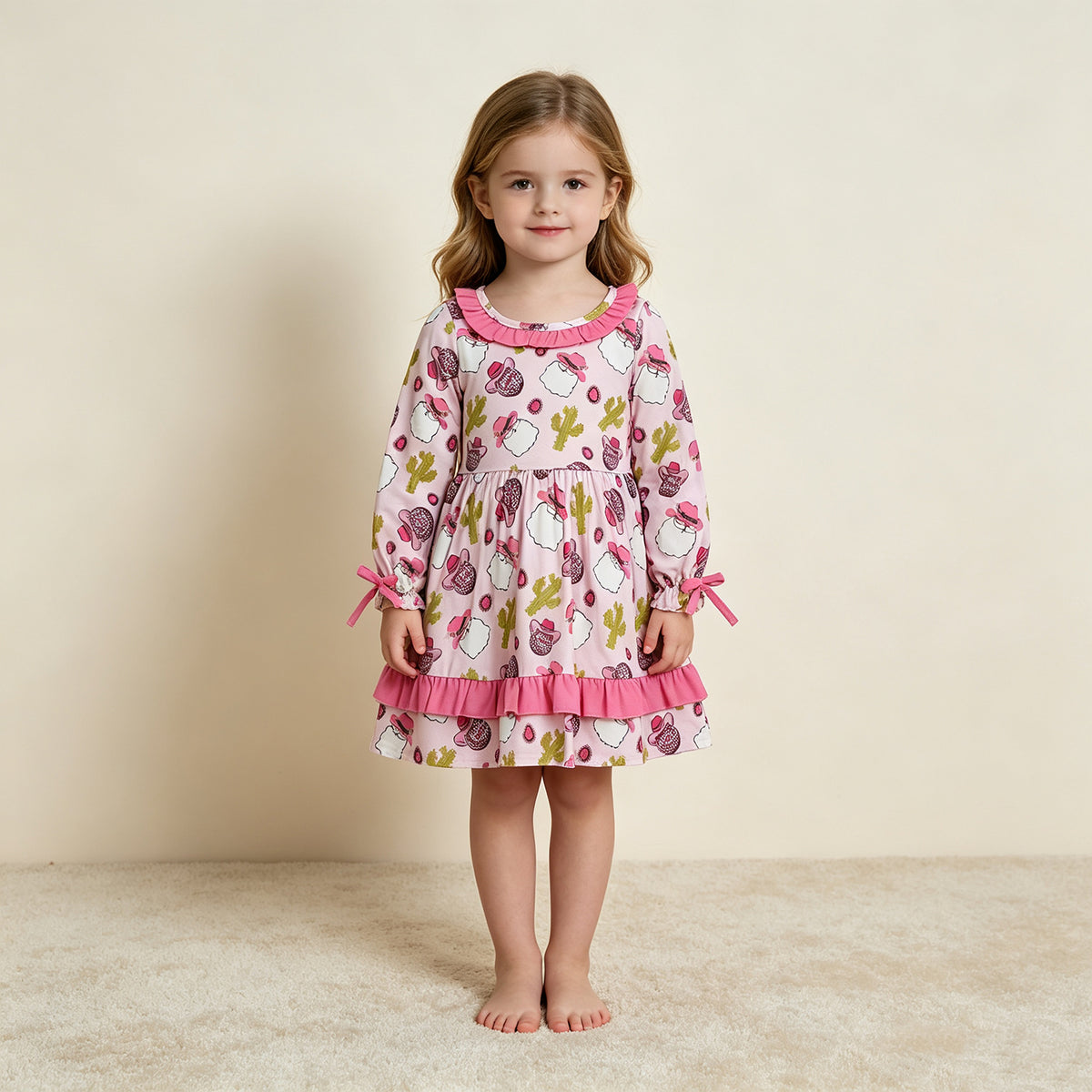 NEW RTS NO MOQ milk silk GLD0753 Baby Girls Santa Cactus Christmas Western Ruffle Knee Length Dresses