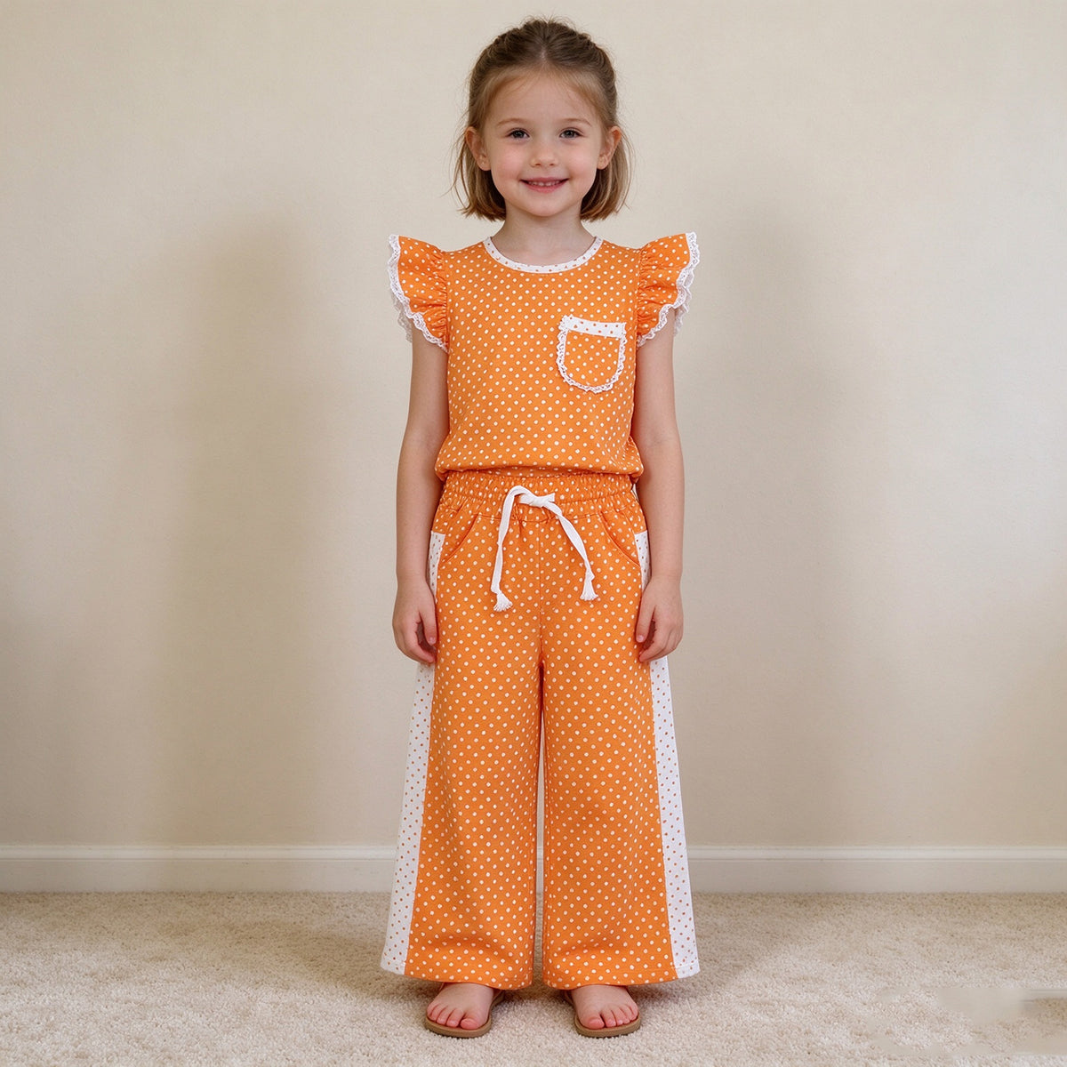 NEW RTS NO MOQ milk silk GSPO2367 Baby Girls Orange White Polka Dots Pocket Top Flare Pant Clothes Set