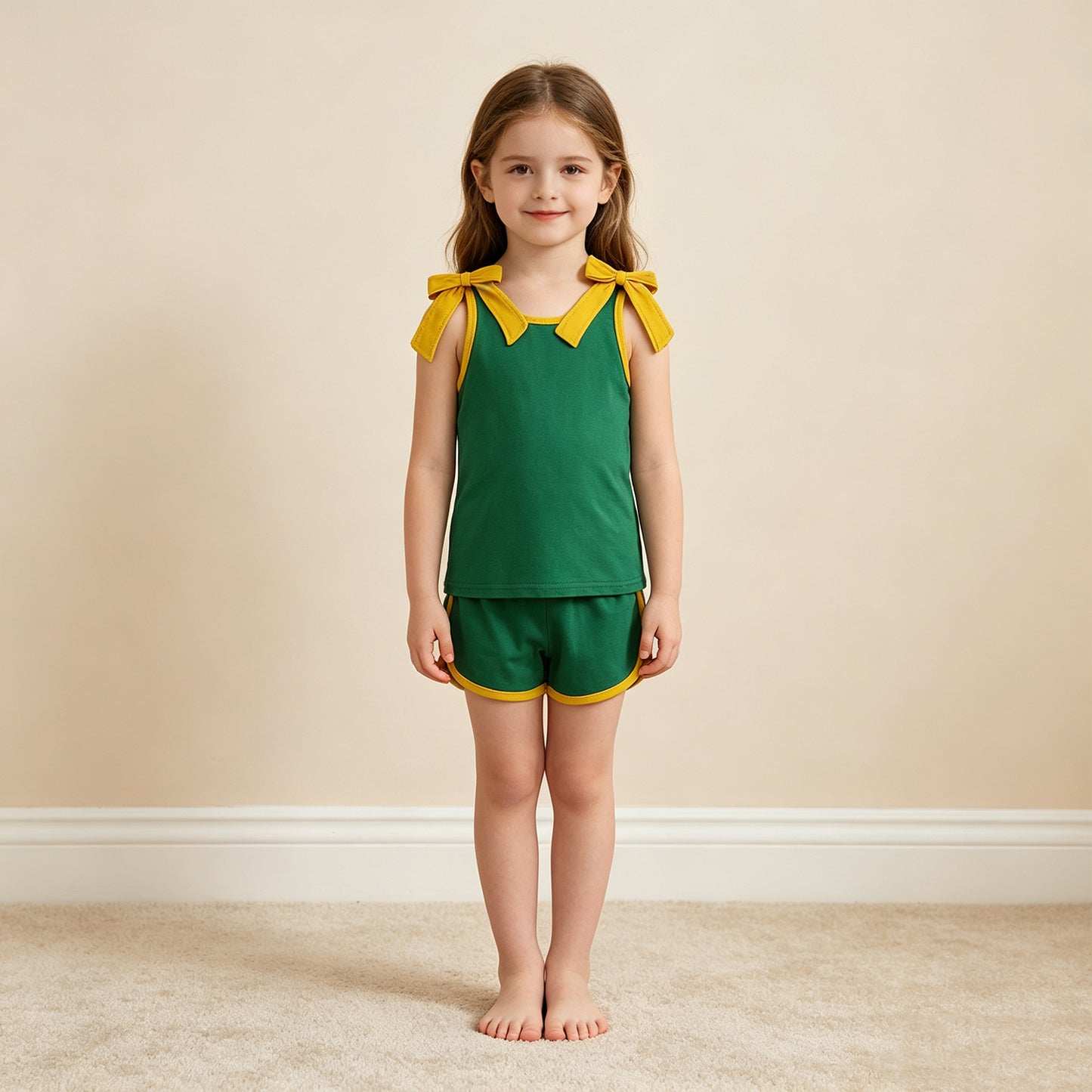 NEW RTS NO MOQ cotton GSSO3850 Baby Girls Green Gold Bows Sleeveless Vest Top Short Clothes Set