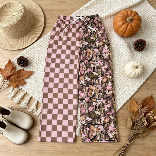 NEW RTS NO MOQ milk silk P1094 Adult Women Pink Checked Leaves Camo Flare Pants Bottom