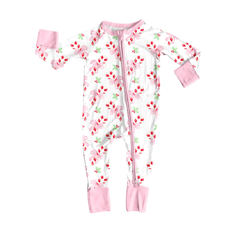 8.7preorder(moq 5)Baby Infant Boys Long Sleeves Bows Candy Cane Christmas Zipper Rompers