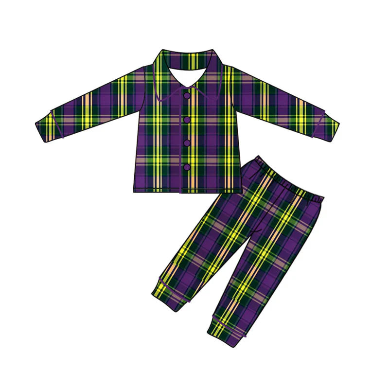 X922Preorder (moq 5)Baby Boys Purple Yellow Green Checked Button Pants Mardigras Pajamas Sets