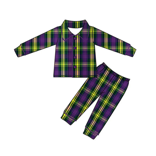X922Preorder (moq 5)Baby Boys Purple Yellow Green Checked Button Pants Mardigras Pajamas Sets