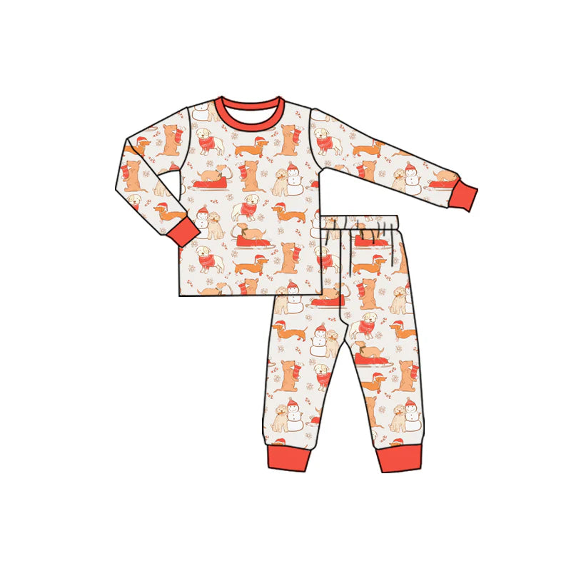 7.16Preorder (moq 5)Baby Boys Hot Pink Long Sleeves Snowman Dogs Top Pant Pajamas Set