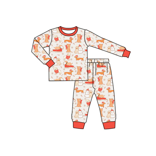 7.16Preorder (moq 5)Baby Boys Hot Pink Long Sleeves Snowman Dogs Top Pant Pajamas Set