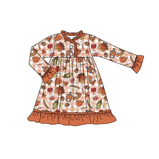 7.12Preorder (moq 5)Baby Girls Long Ruffle Sleeves Pumpkins Leaves Plaid Button Knee Length Dresses
