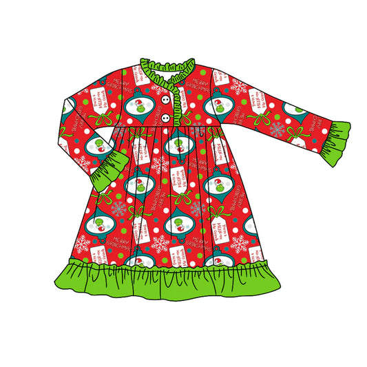 X917Preorder (moq 5)Baby Girls Long Ruffle Sleeves Cartoon Faces Plaid Button Knee Length Dress