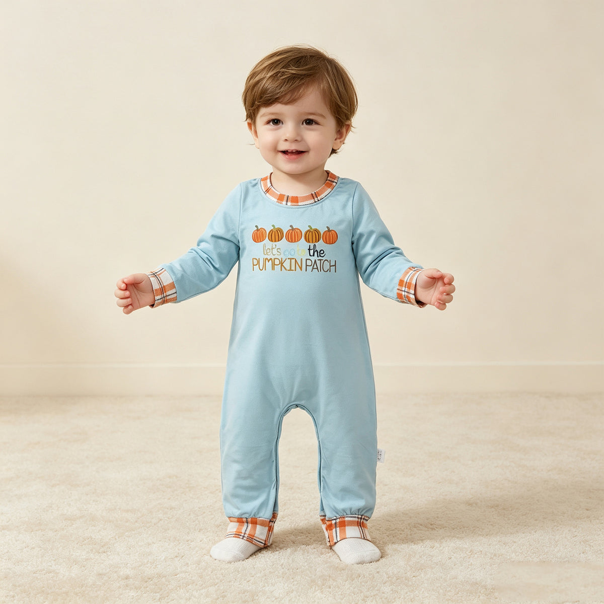 NEW RTS NO MOQ milk silk LR1189 Baby Boys Long Sleeve Let's Go to The Pumpkin Patch Fall Pant Rompers